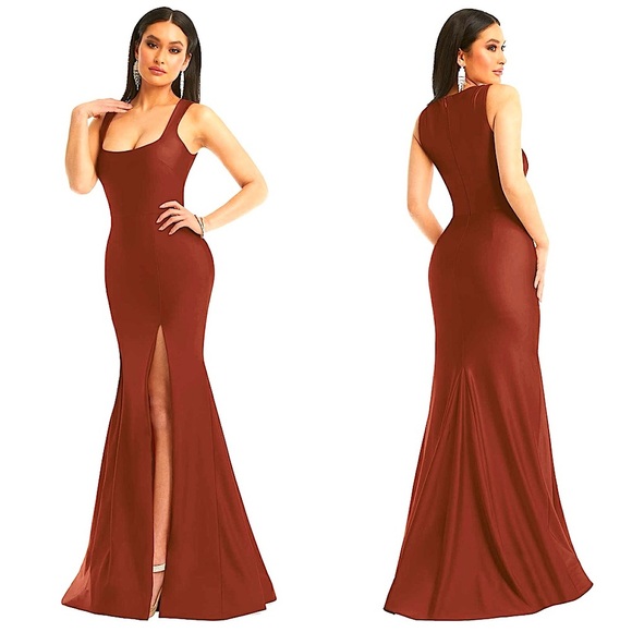 NWT Cinnamon Stretch Satin Square Neck Sleeveless Front Slit Mermaid Maxi Gown S - Picture 1 of 5